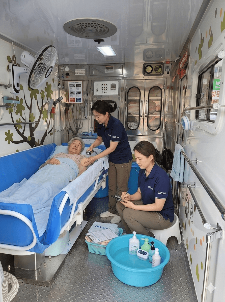 GVcare 방문목욕 차량 내부 - 2인 1조 전문 요양보호사가 어르신께 안전한 목욕 서비스를 제공하는 모습