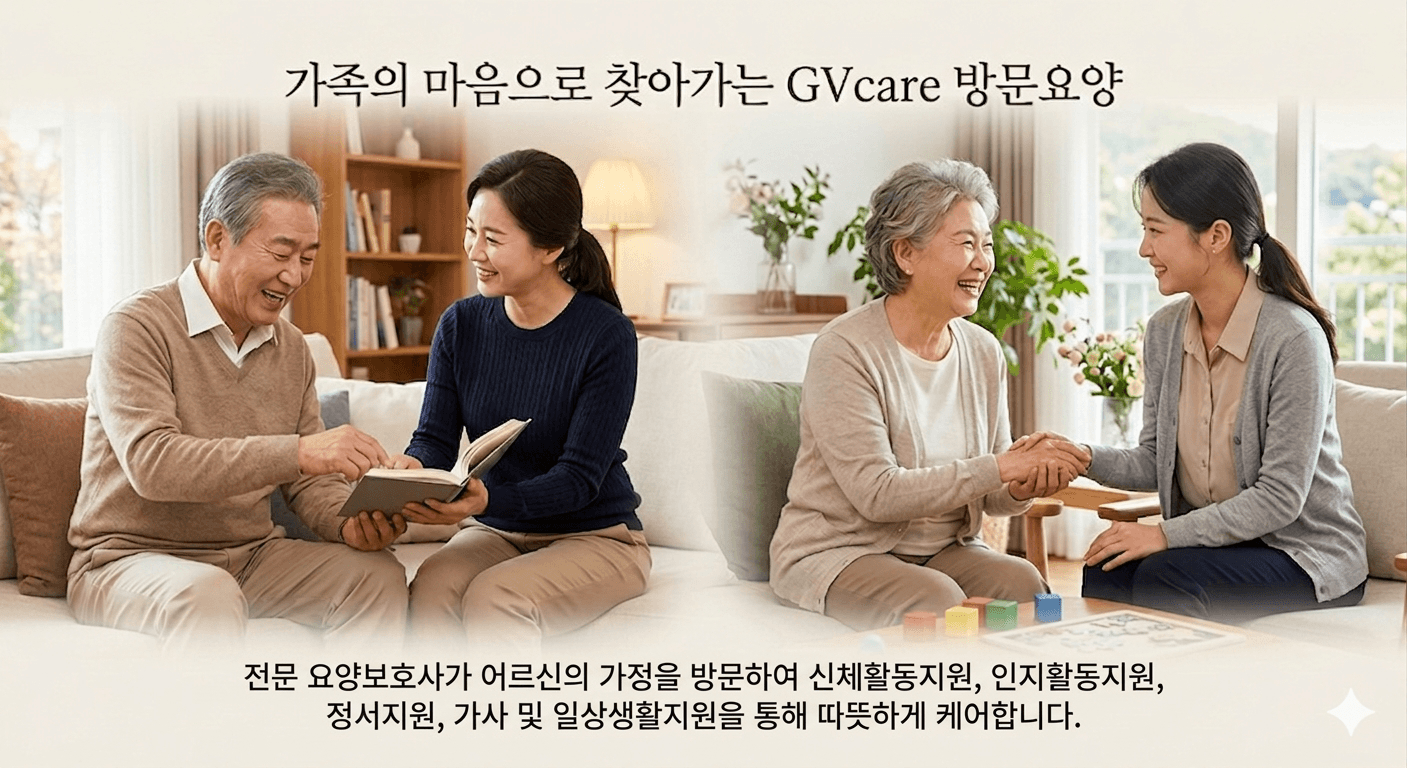 가족의 마음으로 찾아가는 GVcare 방문요양 - 전문 요양보호사가 어르신의 가정을 방문하여 신체활동지원, 인지활동지원, 정서지원, 가사 및 일상생활지원을 통해 따뜻하게 케어합니다